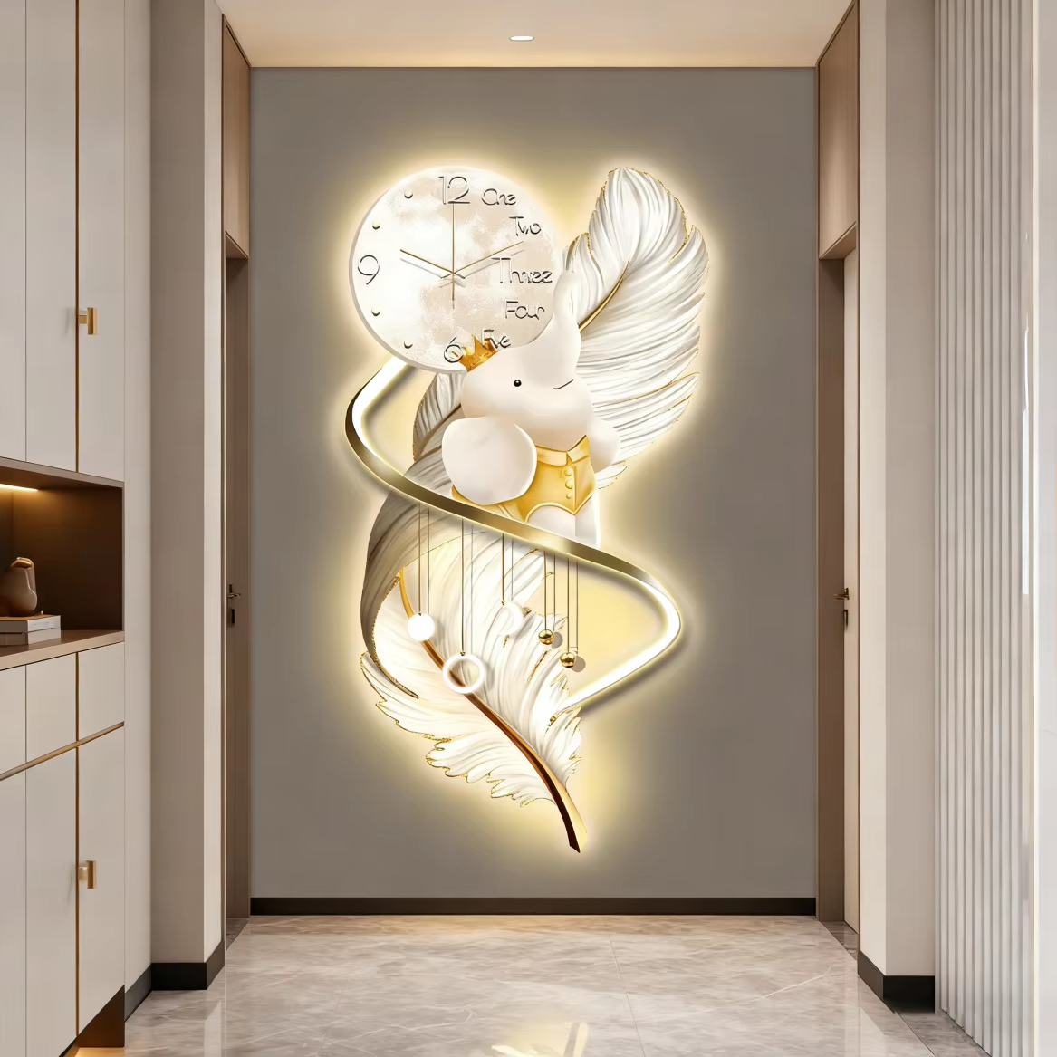 ELEPHANT FEATHER WITH CLOCK LED WALL ART